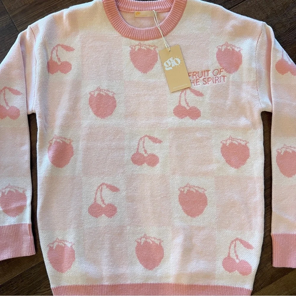 GLO Fruit of the Spirit Pink Jacquard Sweater Cherry Strawberry Size M - Picture 5 of 11